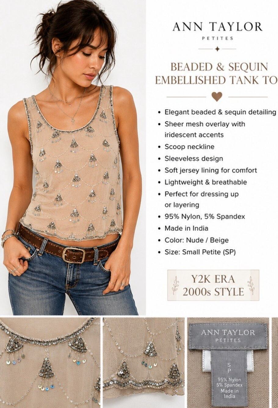 Y2K Soft Girl Coquette 00s Forever 21 Beaded Sequin Tank Top Size S Nude Beige